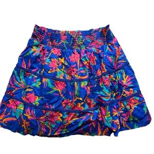 J Crew Smocked Tiered Mini Skirt Size L Blue Colorful A Line Floral